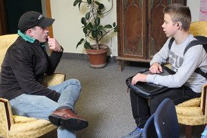 Zac Feury '04, meeting with student Luke Sclater-Booth '19 - a product of Zac's student teaching in Nancy Henderson's Humanities and English 8 classes. 